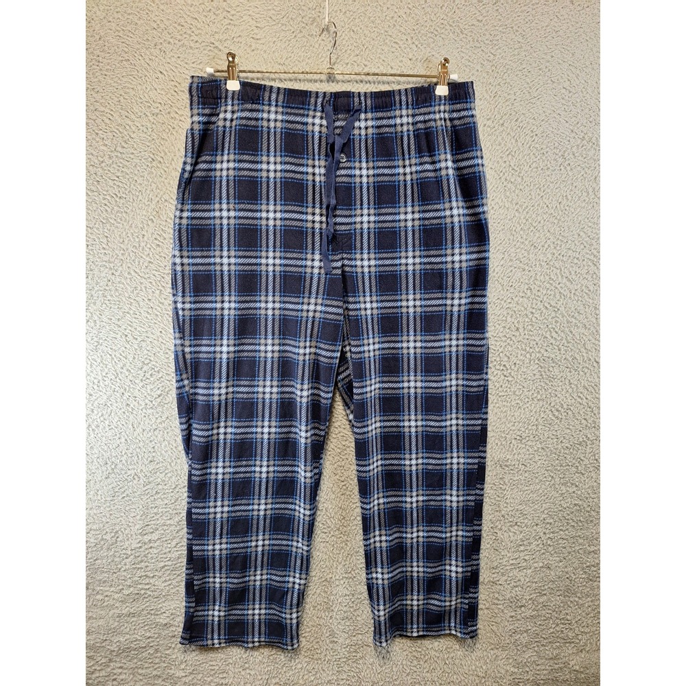 Fruit of the Loom Pajama Pants Mens L (Fits W36xL28.5) Blue Plaid Fleece Cozy
